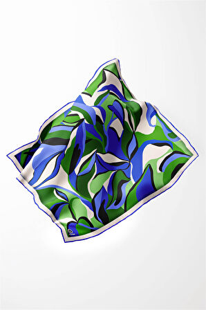 Twilll Büyük Yaprak Desenli Saks - Zümrüt Yeşili Renkli 90x90 Eşarp (İpek İçermez) Kenar Dikiş Şekli El Dikişli