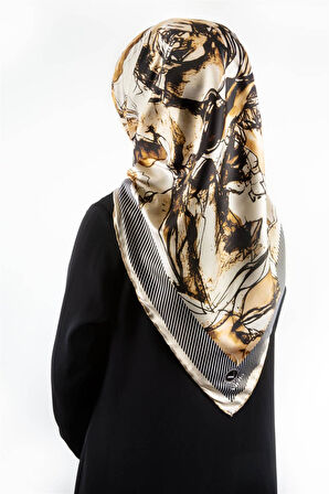 Twill Gül Yaprak Desenli Bej Renkli 90x90 Eşarp (İpek İçermez) Kenar Dikiş Şekli El Dikişli