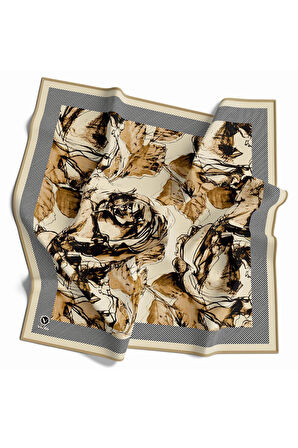 Twill Gül Yaprak Desenli Bej Renkli 90x90 Eşarp (İpek İçermez) Kenar Dikiş Şekli El Dikişli