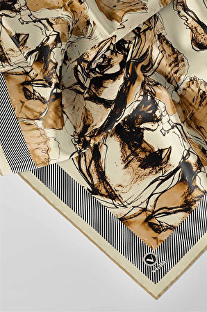 Twill Gül Yaprak Desenli Bej Renkli 90x90 Eşarp (İpek İçermez) Kenar Dikiş Şekli El Dikişli