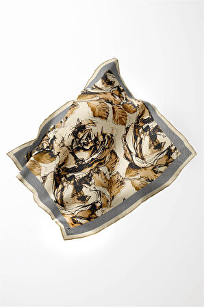 Twill Gül Yaprak Desenli Bej Renkli 90x90 Eşarp (İpek İçermez) Kenar Dikiş Şekli El Dikişli