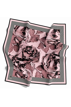 Twill Gül Yaprak Desenli Pudra Renkli 90x90 Eşarp (İpek İçermez) Kenar Dikiş Şekli El Dikişli