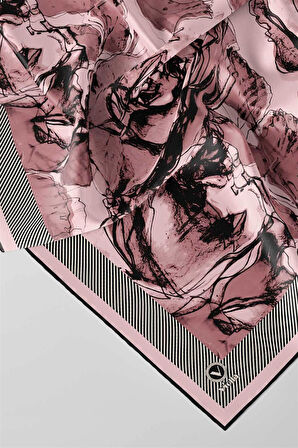 Twill Gül Yaprak Desenli Pudra Renkli 90x90 Eşarp (İpek İçermez) Kenar Dikiş Şekli El Dikişli