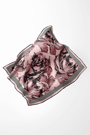 Twill Gül Yaprak Desenli Pudra Renkli 90x90 Eşarp (İpek İçermez) Kenar Dikiş Şekli El Dikişli