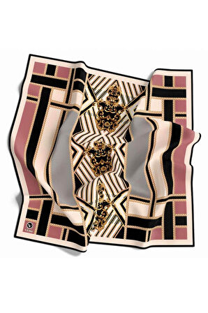 Twill Varaklı Bordür Desenli Pudra - Gri Renkli 90x90 Eşarp (İpek İçermez) Kenar Dikiş Şekli El Dikişli