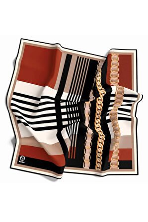 Rayon Zincirli Çizgi Desenli Taba Renkli 90x90 Eşarp (İpek İçermez) Kenar Dikiş Şekli El Dikişli