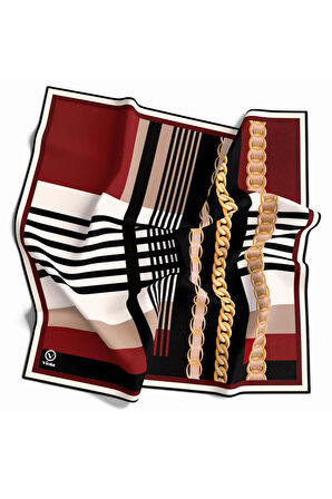 Rayon Zincirli Çizgi Desenli Bordo Renkli 90x90 Eşarp (İpek İçermez) Kenar Dikiş Şekli El Dikişli