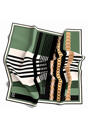 Rayon Zincirli Çizgi Desenli Koyu Mint Yeşili Renkli 90x90 Eşarp (İpek İçermez) Kenar Dikiş Şekli El Dikişli