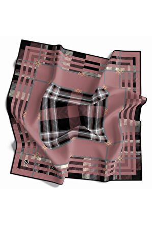Twill Kemerli ve Ekose Desenli Pudra Renkli 90x90 Eşarp (İpek İçermez)Kenar Dikiş Şekli El Dikişli