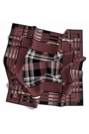 Twill Kemerli ve Ekose Desenli Gül Kurusu Renkli 90x90 Eşarp (İpek İçermez)Kenar Dikiş Şekli El Dikişli