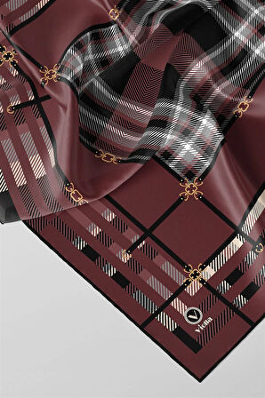 Twill Kemerli ve Ekose Desenli Gül Kurusu Renkli 90x90 Eşarp (İpek İçermez)Kenar Dikiş Şekli El Dikişli