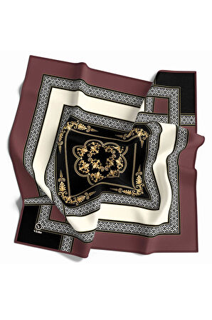 Twill Baroklu Bordür Desenli Gül Kurusu Renkli 90x90 Eşarp (İpek İçermez) Kenar Dikiş Şekli El Dikişli