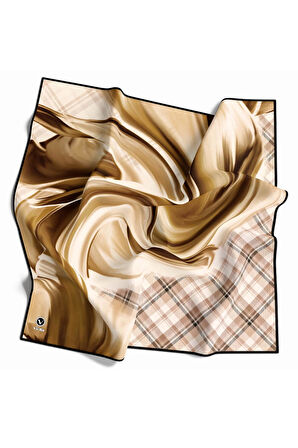 Twill Dalga ve Ekose Desenli Hardal Renkli 90x90 Eşarp (İpek İçermez)Kenar Dikiş Şekli El Dikişli