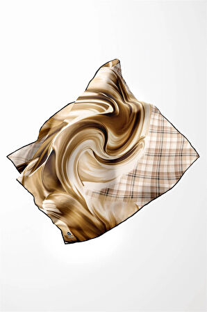 Twill Dalga ve Ekose Desenli Hardal Renkli 90x90 Eşarp (İpek İçermez)Kenar Dikiş Şekli El Dikişli