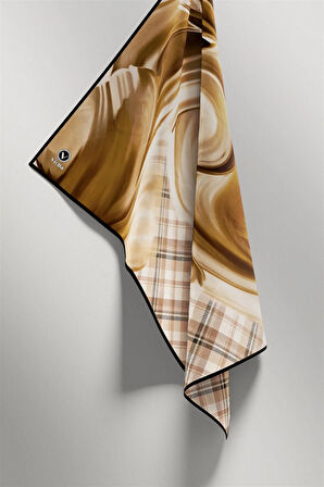 Twill Dalga ve Ekose Desenli Hardal Renkli 90x90 Eşarp (İpek İçermez)Kenar Dikiş Şekli El Dikişli