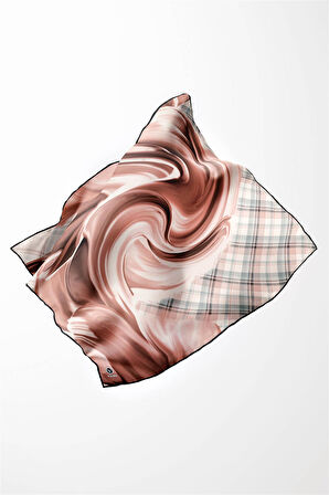 Twill Dalga ve Ekose Desenli Somon Renkli 90x90 Eşarp (İpek İçermez)Kenar Dikiş Şekli El Dikişli