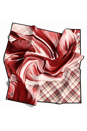 Twill Dalga ve Ekose Desenli Bordo Renkli 90x90 Eşarp (İpek İçermez)Kenar Dikiş Şekli El Dikişli