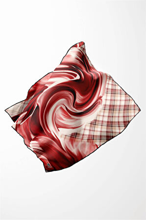 Twill Dalga ve Ekose Desenli Bordo Renkli 90x90 Eşarp (İpek İçermez)Kenar Dikiş Şekli El Dikişli