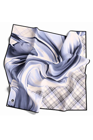 Twill Dalga ve Ekose Desenli İndigo Renkli 90x90 Eşarp (İpek İçermez)Kenar Dikiş Şekli El Dikişli