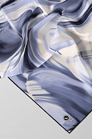 Twill Dalga ve Ekose Desenli İndigo Renkli 90x90 Eşarp (İpek İçermez)Kenar Dikiş Şekli El Dikişli