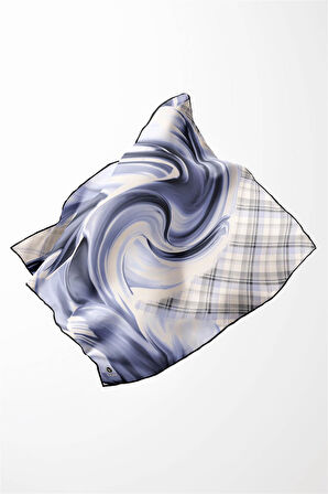 Twill Dalga ve Ekose Desenli İndigo Renkli 90x90 Eşarp (İpek İçermez)Kenar Dikiş Şekli El Dikişli