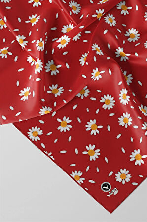 Twill Papatya Desenli Kırmızı Renkli 90x90 Eşarp (İpek İçermez) Kenar Dikiş Şekli El Dikişli