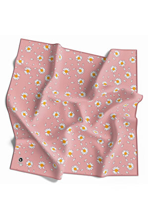 Twill Papatya Desenli Pudra Renkli 90x90 Eşarp (İpek İçermez) Kenar Dikiş Şekli El Dikişli