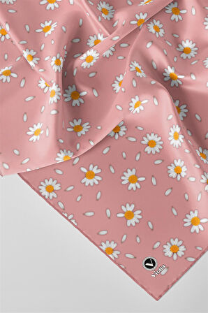 Twill Papatya Desenli Pudra Renkli 90x90 Eşarp (İpek İçermez) Kenar Dikiş Şekli El Dikişli