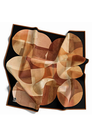 Twill Geometrik Desenli Taba Renkli 90x90 Eşarp (İpek İçermez)Kenar Dikiş Şekli El Dikişli