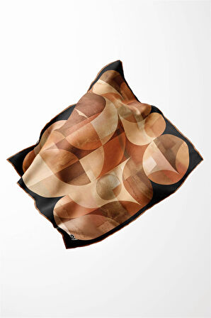 Twill Geometrik Desenli Taba Renkli 90x90 Eşarp (İpek İçermez)Kenar Dikiş Şekli El Dikişli