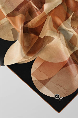 Twill Geometrik Desenli Taba Renkli 90x90 Eşarp (İpek İçermez)Kenar Dikiş Şekli El Dikişli