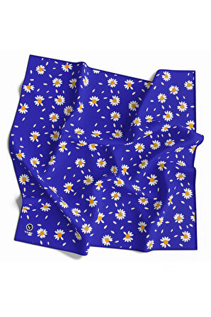 Twill Papatya Desenli Saks Renkli 90x90 Eşarp (İpek İçermez) Kenar Dikiş Şekli El Dikişli