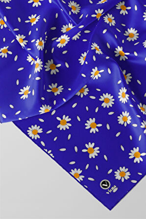 Twill Papatya Desenli Saks Renkli 90x90 Eşarp (İpek İçermez) Kenar Dikiş Şekli El Dikişli