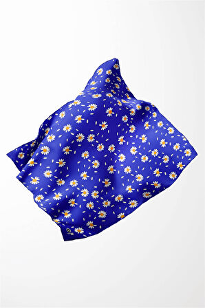 Twill Papatya Desenli Saks Renkli 90x90 Eşarp (İpek İçermez) Kenar Dikiş Şekli El Dikişli