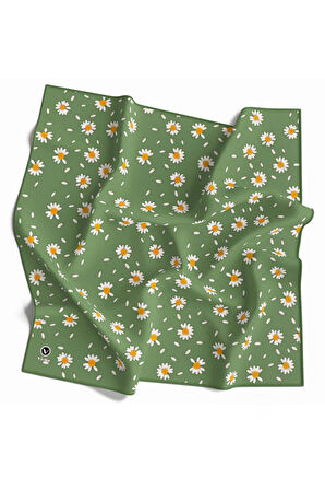 Twill Papatya Desenli Koyu Mint Yeşili Renkli 90x90 Eşarp (İpek İçermez) Kenar Dikiş Şekli El Dikişli