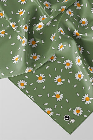 Twill Papatya Desenli Koyu Mint Yeşili Renkli 90x90 Eşarp (İpek İçermez) Kenar Dikiş Şekli El Dikişli