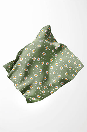 Twill Papatya Desenli Koyu Mint Yeşili Renkli 90x90 Eşarp (İpek İçermez) Kenar Dikiş Şekli El Dikişli