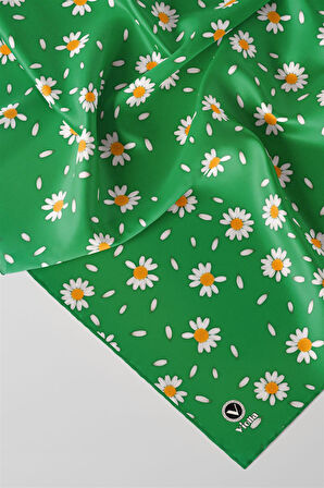 Twill Papatya Desenli Benetton Yeşili Renkli 90x90 Eşarp (İpek İçermez) Kenar Dikiş Şekli El Dikişli