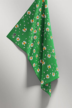 Twill Papatya Desenli Benetton Yeşili Renkli 90x90 Eşarp (İpek İçermez) Kenar Dikiş Şekli El Dikişli