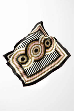 Twill Geometrik Desenli Pudra Renkli 90x90 Eşarp (İpek İçermez) Kenar Dikiş Şekli El Dikişli