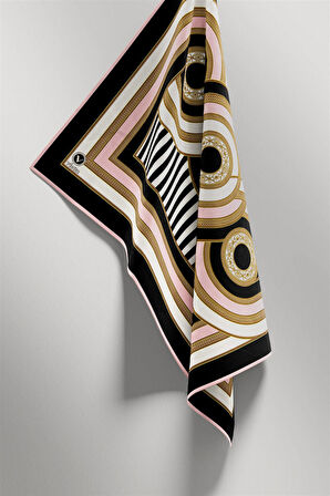 Twill Geometrik Desenli Pudra Renkli 90x90 Eşarp (İpek İçermez) Kenar Dikiş Şekli El Dikişli