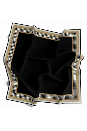 Twill Kazayak Bordür Desenli Siyah Renkli 90x90 Eşarp (İpek İçermez) Kenar Dikiş Şekli El Dikişli
