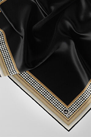 Twill Kazayak Bordür Desenli Siyah Renkli 90x90 Eşarp (İpek İçermez) Kenar Dikiş Şekli El Dikişli