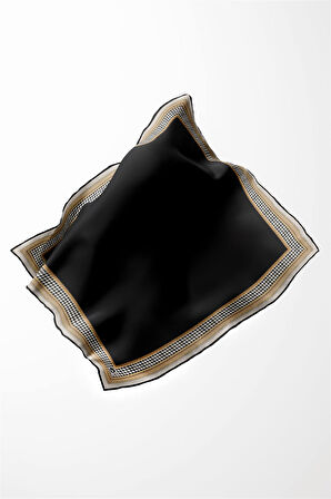 Twill Kazayak Bordür Desenli Siyah Renkli 90x90 Eşarp (İpek İçermez) Kenar Dikiş Şekli El Dikişli