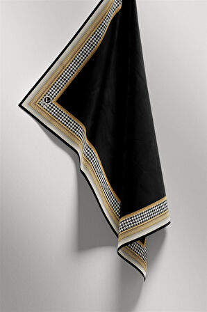Twill Kazayak Bordür Desenli Siyah Renkli 90x90 Eşarp (İpek İçermez) Kenar Dikiş Şekli El Dikişli