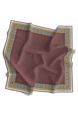 Twill Kazayak Bordür Desenli Gül Kurusu Renkli 90x90 Eşarp (İpek İçermez) Kenar Dikiş Şekli El Dikişli