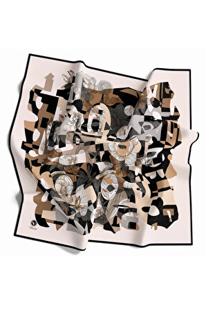 Twill Geometrik Çiçek Desenli Bej - Gri Renkli 90x90 Eşarp (İpek İçermez) Dikim Şekli : El Dikişi