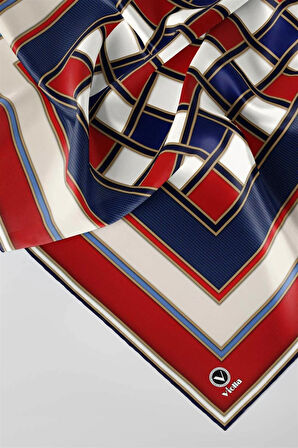 Twill Kare Desenli Kırmızı - Lacivert Renkli 90x90 Dikim Şekli : El Dikişi Eşarp (İpek İçermez)