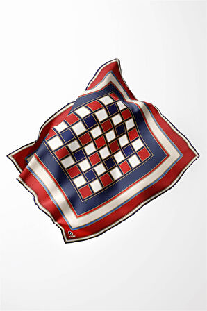 Twill Kare Desenli Kırmızı - Lacivert Renkli 90x90 Dikim Şekli : El Dikişi Eşarp (İpek İçermez)