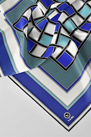 Twill Kare Desenli Saks - Su Yeşili  Renkli 90x90 Dikim Şekli : El Dikişi Eşarp (İpek İçermez)